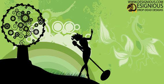 a woman holding a golf club in front of a tree with circles on it and an abstract background