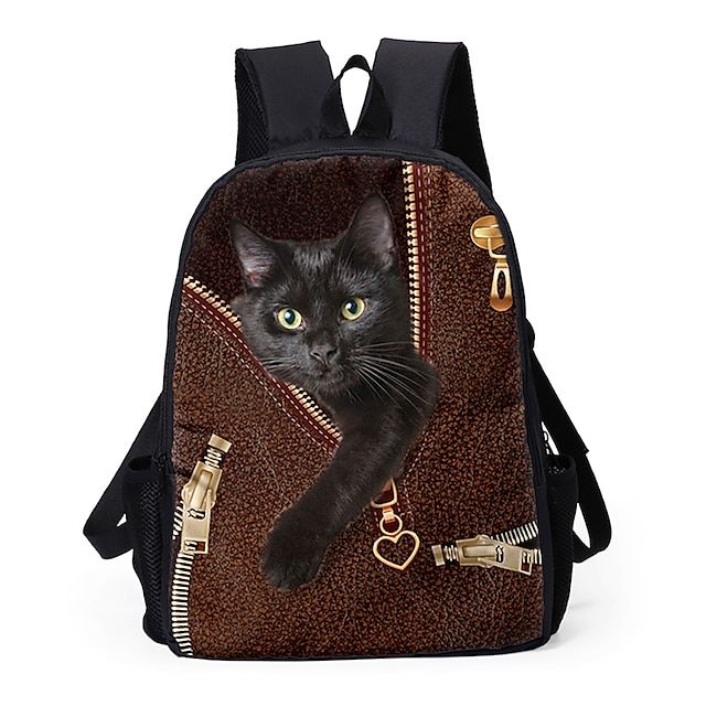 a black cat sitting on top of a leopard print backpack with zippers and keys