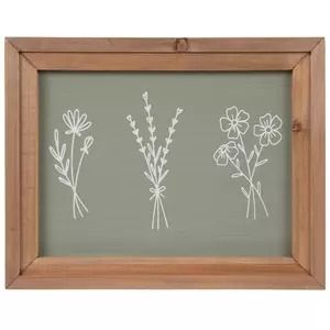 three flowers drawn in white on a gray background with wooden frame and bottom border, framed