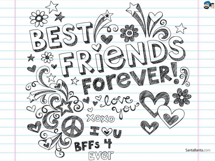 the words best friends forever are drawn on lined paper with hearts, flowers and stars