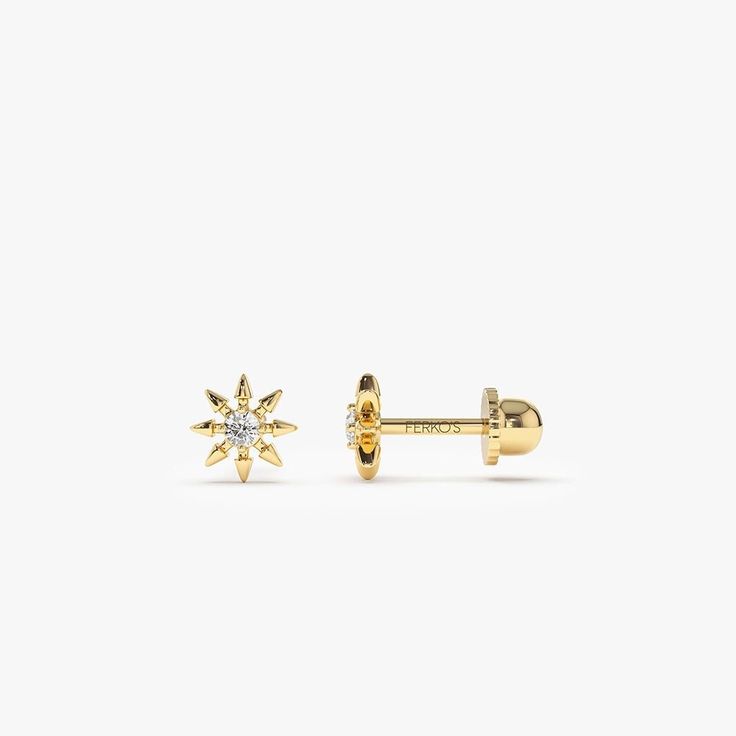 "Diamond Piercing / Helix Piercing / 14k Gold Star Design Diamond Stud Piercing by Ferko's Fine Jewelry Item Details * Made to Order * Gold Kt: 14K * Available Gold Color: Rose Gold, Yellow Gold, White Gold * Length & Width: 5.7 X 5.7 MM * Length of Bar: 6.5 MM * Round Diamonds: 2 pcs 2MM x 1.5(pair) * Total CTW: 0.07 ctw (pair) * Diamond Color-Clarity: G Color SI Clarity Be sure to hit \"favorite\" on the right so it remains in your favorites list and/ or add to your wishlist(s). ▶ Want to find Diamond Piercing, Stud Piercing, Diamond Evil Eye, Gold Armband, Earring Gold, Ruby Jewelry, Helix Piercing, Star Design, Emerald Jewelry