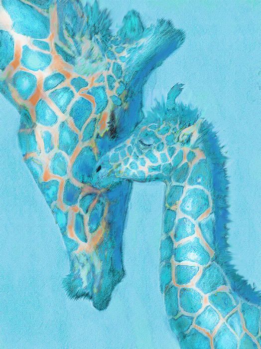 two giraffes are standing next to each other on a blue background,