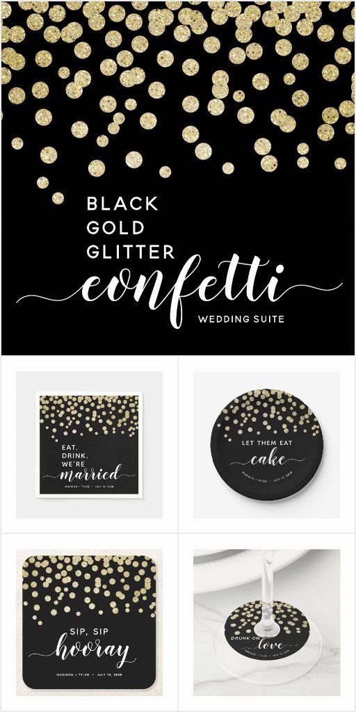 black and gold glitter confetti wedding suite with matching coasters, place cards, and napkins