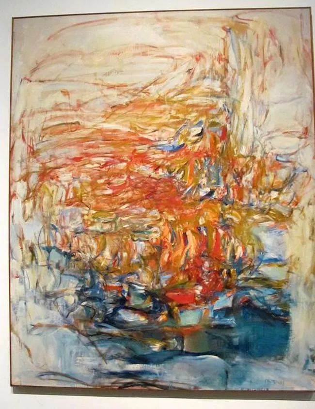 an abstract painting with red, yellow and blue colors