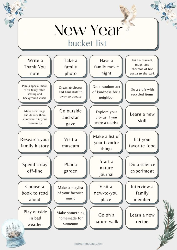 the new year bucket list for families to use in their homes and family life plans