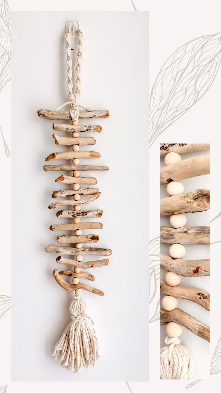 driftwood wall hanging with tassels and wood bead accents on white background