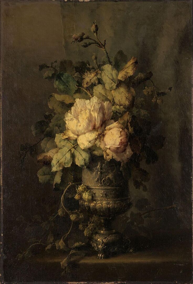 a painting of flowers in a vase on a table