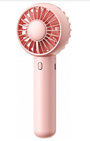 a pink portable fan on a white background