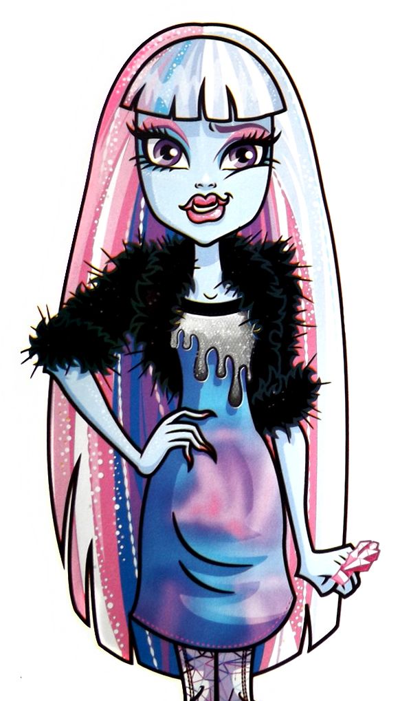 a drawing of a girl with pink hair and blue eyes wearing a purple dress, black fur