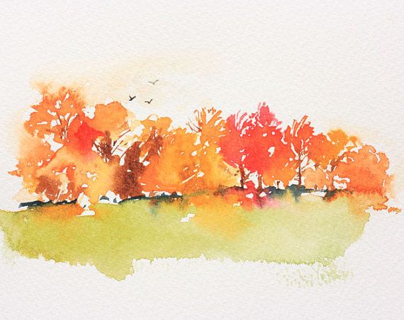 watercolor painting of trees with orange and yellow leaves in the foreground, against a white background