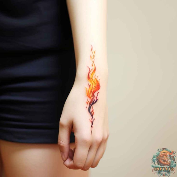 a woman's hand with a fire tattoo on her left arm and the flame coming out of it