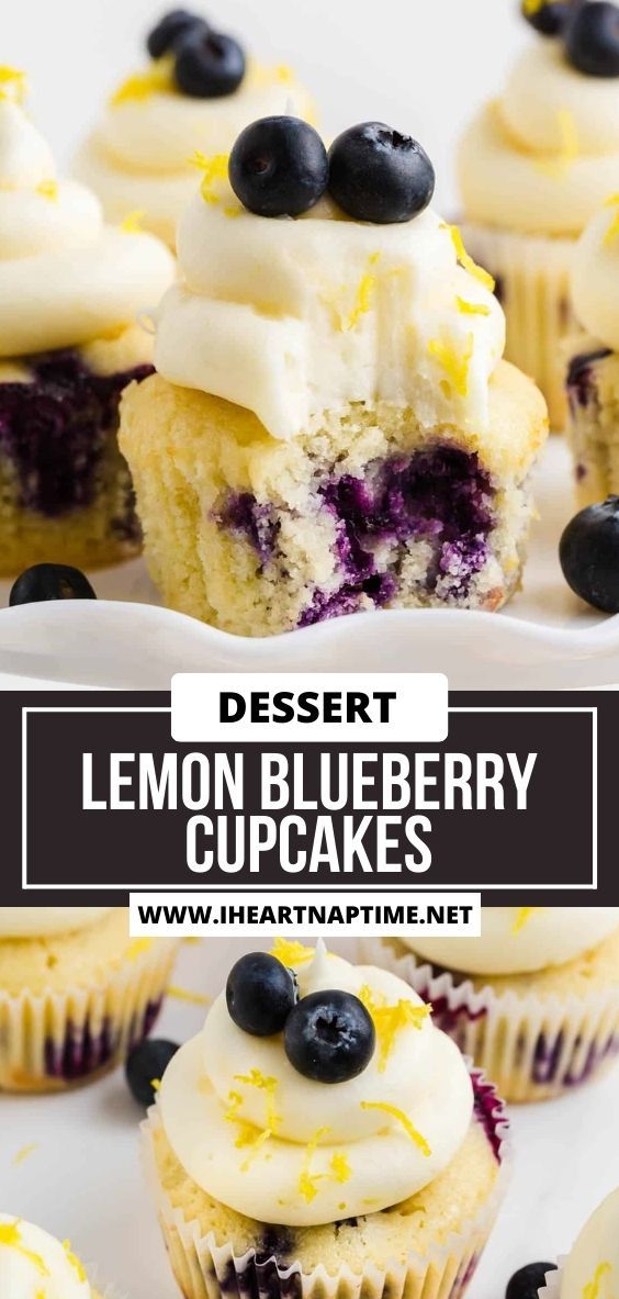 lemon blueberry cupcakes with white frosting and fresh blueberries on top