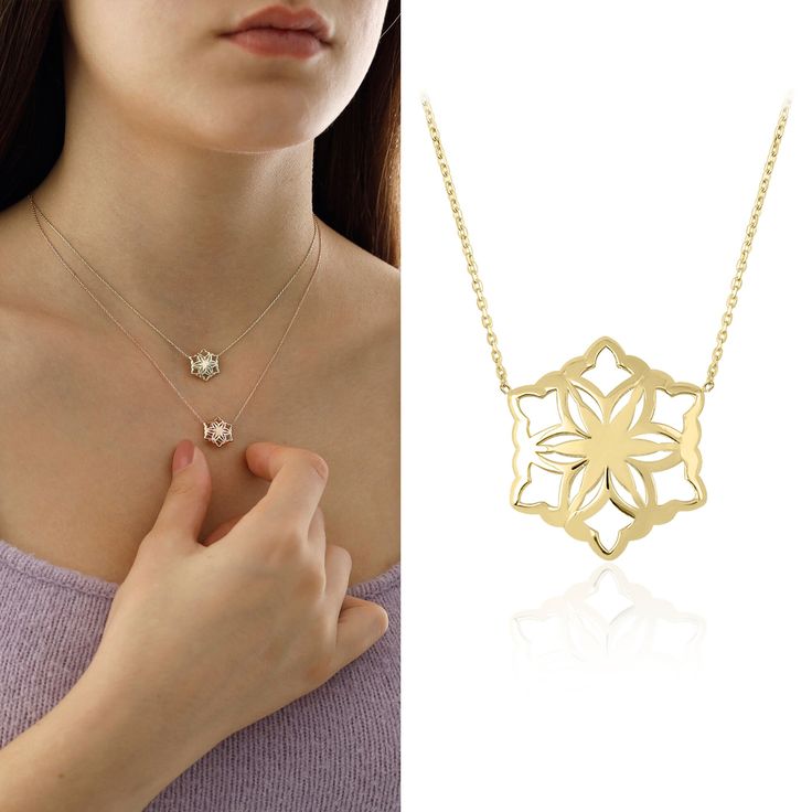 "Winter is coming and it is almost Christmas time! This 14k Gold charm snowflake necklace will be an exclusive gift for Christmas to your loved ones. Snowflake desined 3D puffy has 4 charm size which is small to large and included  as \"Yellow Gold\", \"Rose Gold\" and \"White Gold\" Colors. You can also combine it with earrings. Just let the snowflakes be put on you before the ground.  You can combine the necklace with the earrings as set. 14k Gold Snowflake earrings: https://www.etsy.com/listi Elegant Snowflake Necklace For Anniversary, Elegant Snowflake Pendant Necklace For Gifts, White Snowflake Necklace For Wedding, Elegant Snowflake Necklace For Gift, Elegant Snowflake Necklace Gift, Elegant Snowflake Necklace Perfect For Gifts, Elegant White Necklace For Christmas, Elegant White Christmas Necklaces, Minimalist Flower-shaped Necklace For Wedding