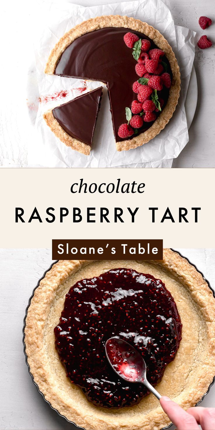 a chocolate raspberry tart with a spoon in it