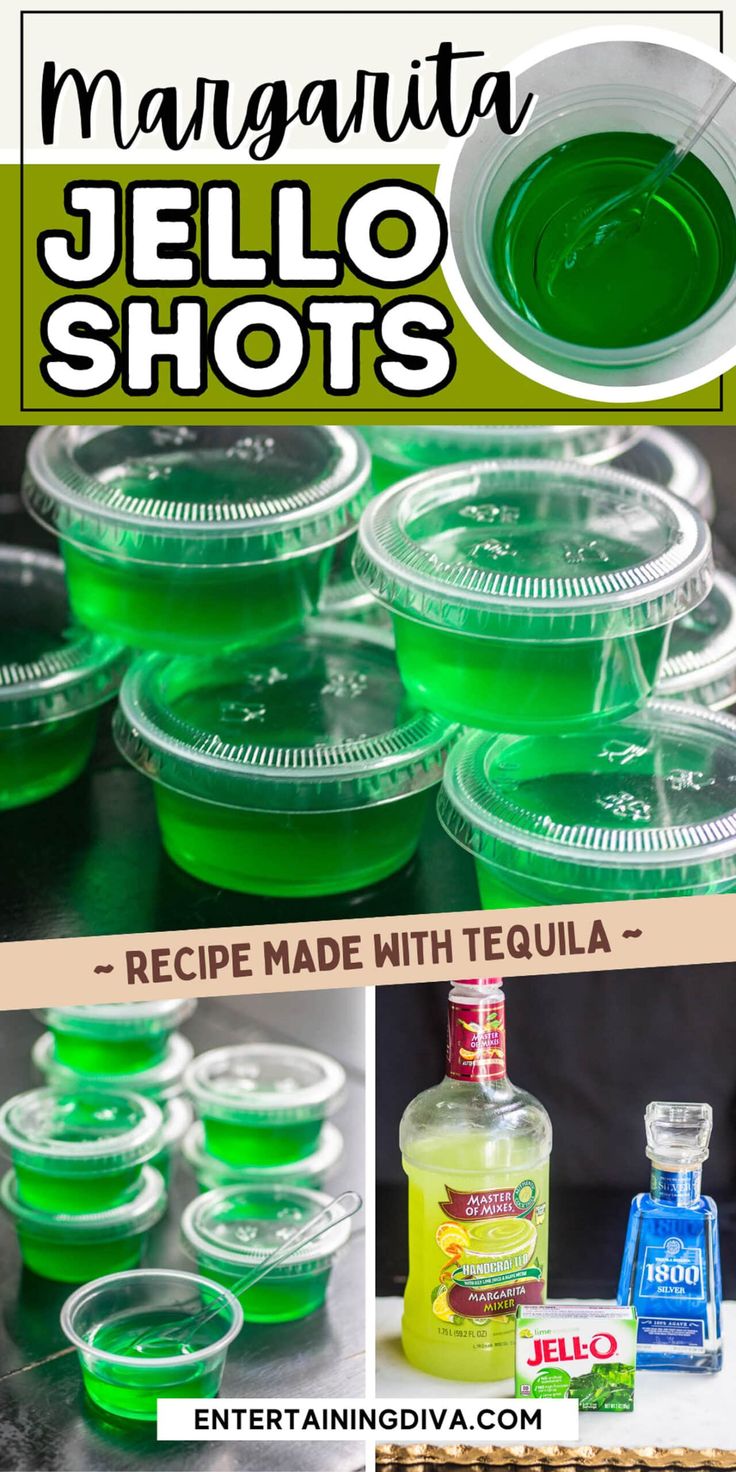 green jello shots with text overlay that says margarita jello shots recipe made with tequila