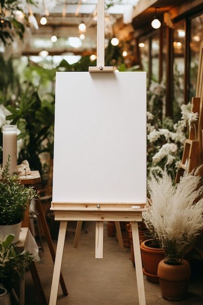 an easel with a white board on it surrounded by potted plants