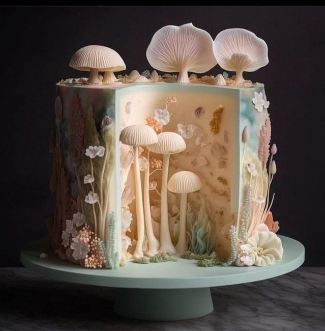 there is a cake that has mushrooms on it