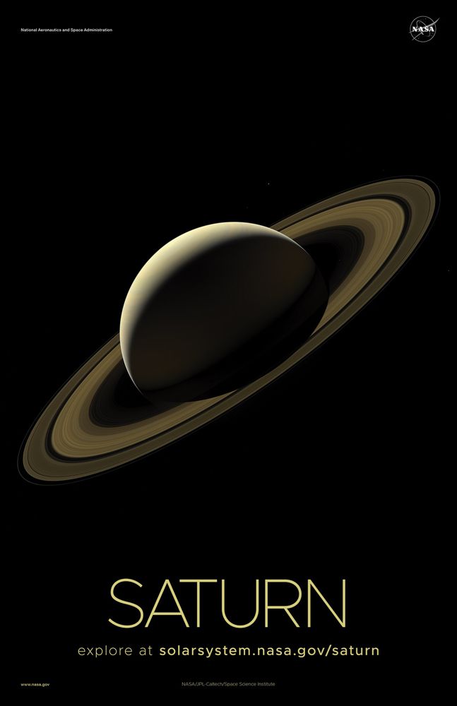 saturn is shown with the moon in the background and text that reads saturn explore at solar system nasa / saturn