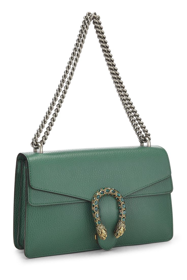 Find GUCCI Dionysus Shoulder Bag on Editorialist. The Gucci Dionysus Shoulder Bag features a metal chain strap, a flap open closure, and a signature tiger head closure with green crystals. The bag is crafted from leather and has a small size. Gucci Green Bag, Gucci Chain Bag, Gucci Shoulder Bag, Bottega Veneta Shoulder Bag, Cow Boy, Vuitton Bag, Thom Browne, Chain Bags, Green Leather