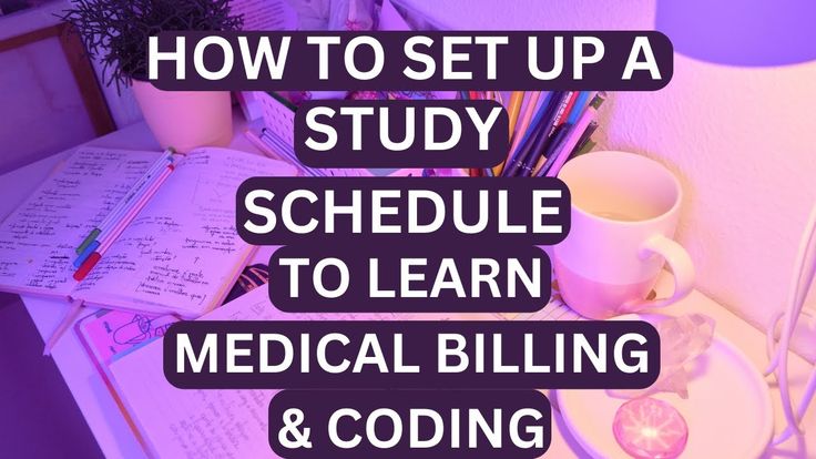 a desk with books, notebooks and cups on it that says how to set up a study schedule to learn medical billing & coding