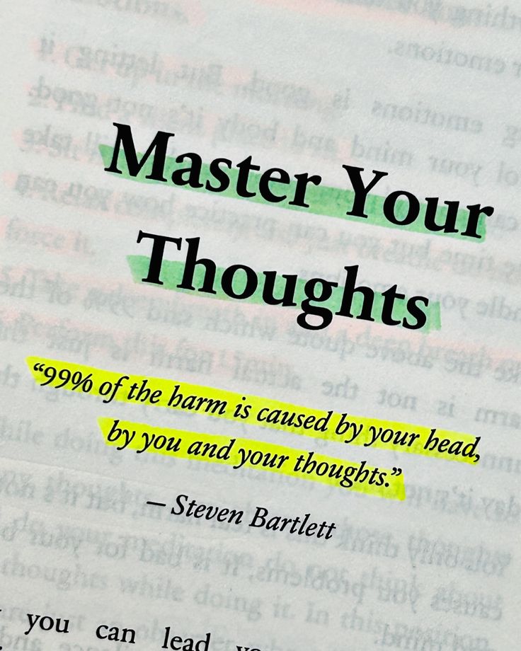 an open book with the title'master your thoughts'written in green on it