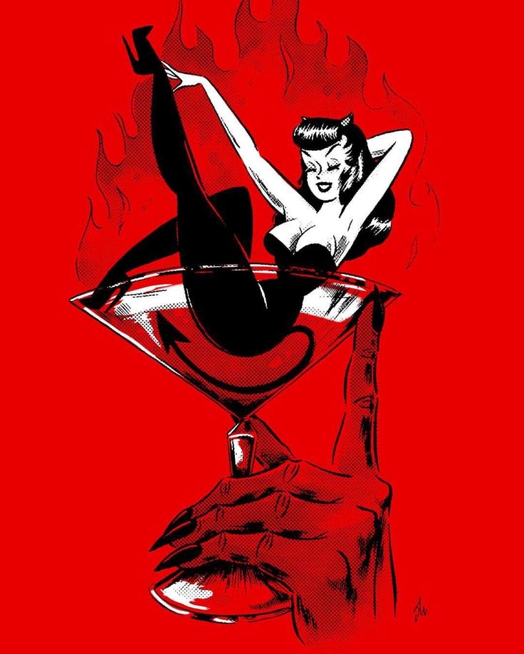 a drawing of a woman sitting on top of a martini glass with flames in the background