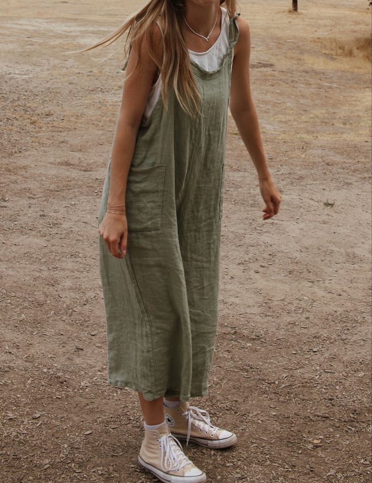 Green Linen Jumpsuit Outfit, Green Linen Overalls Outfit, Cute Gardening Outfits Casual, Granola Jumpsuit, Linen Shortalls Outfit, Linen Dungarees Outfit, Flowy Overalls Outfit, Linen Overalls Outfit Summer, Tan Jumpsuit Outfit