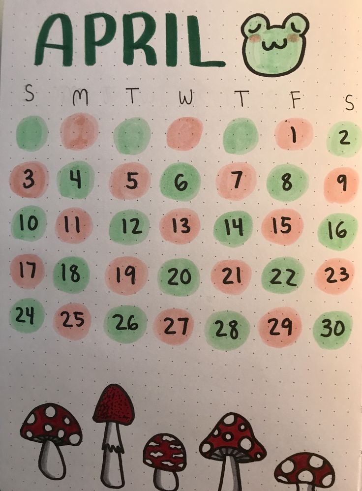 a calendar with mushrooms drawn on it