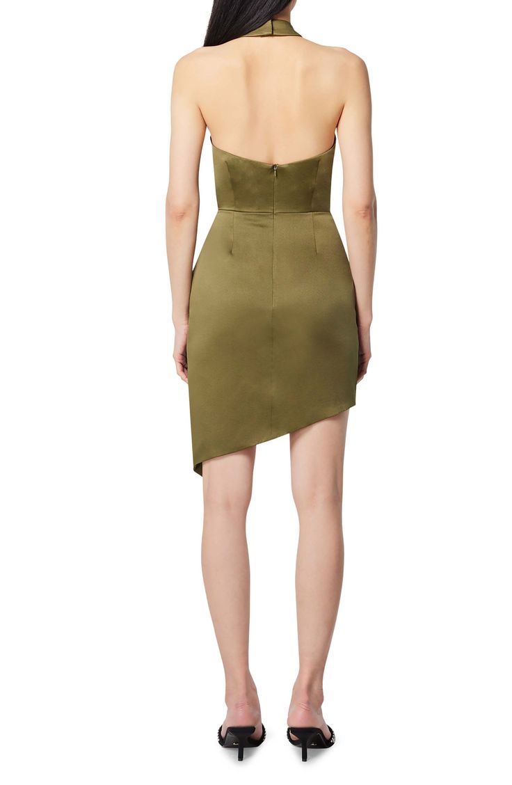 An off-center hemline and a halter neck make an artfully modern statement on this satin cocktail dress that will catch compliments. 33 1/2" to 43" center front length (size Medium) Hidden back-zip closure Halter neck Sleeveless, with cutaway shoulders Lined 97% polyester, 3% spandex Dry clean or hand wash, line dry Imported Chic One Shoulder Mini Dress In Satin, Chic One-shoulder Mini Satin Dress, Chic Satin One-shoulder Mini Dress, Elegant Satin Asymmetrical Mini Dress, Elegant Mini Satin Asymmetrical Dress, Fitted Satin Asymmetrical Mini Dress, Strapless Satin Halter Dress, Satin Halter Dress With Fitted Bodice, Fitted One Shoulder Sleeveless Dress For Dinner