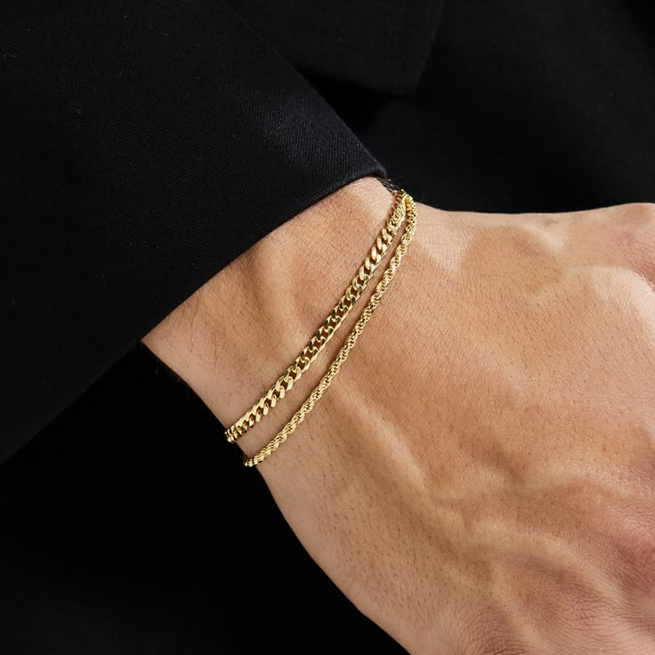 Gold Cuban + Rope Bracelet Stack | Saint Tropez Collection | MANSSION Wearing Bracelets, Man Gold Bracelet Design, Large Cuff Bracelet, Chain Ring Gold, Stylish Watches Men, Bracelet Styles, Mens Chain Bracelet, Gold Chain Bracelet, Mens Gold Jewelry