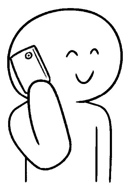 a drawing of a person holding a cell phone in one hand and smiling at the other