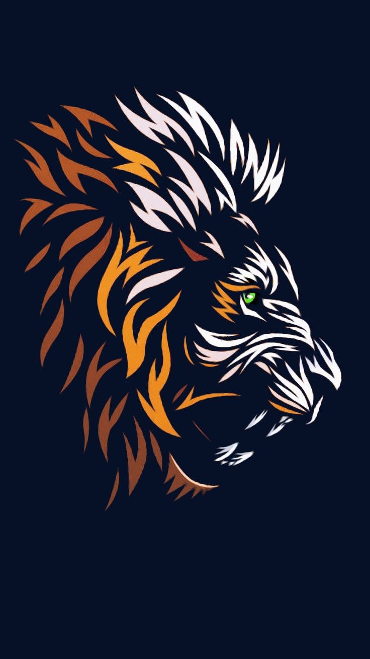 the head of a lion with orange and white stripes on it's face, against a black background