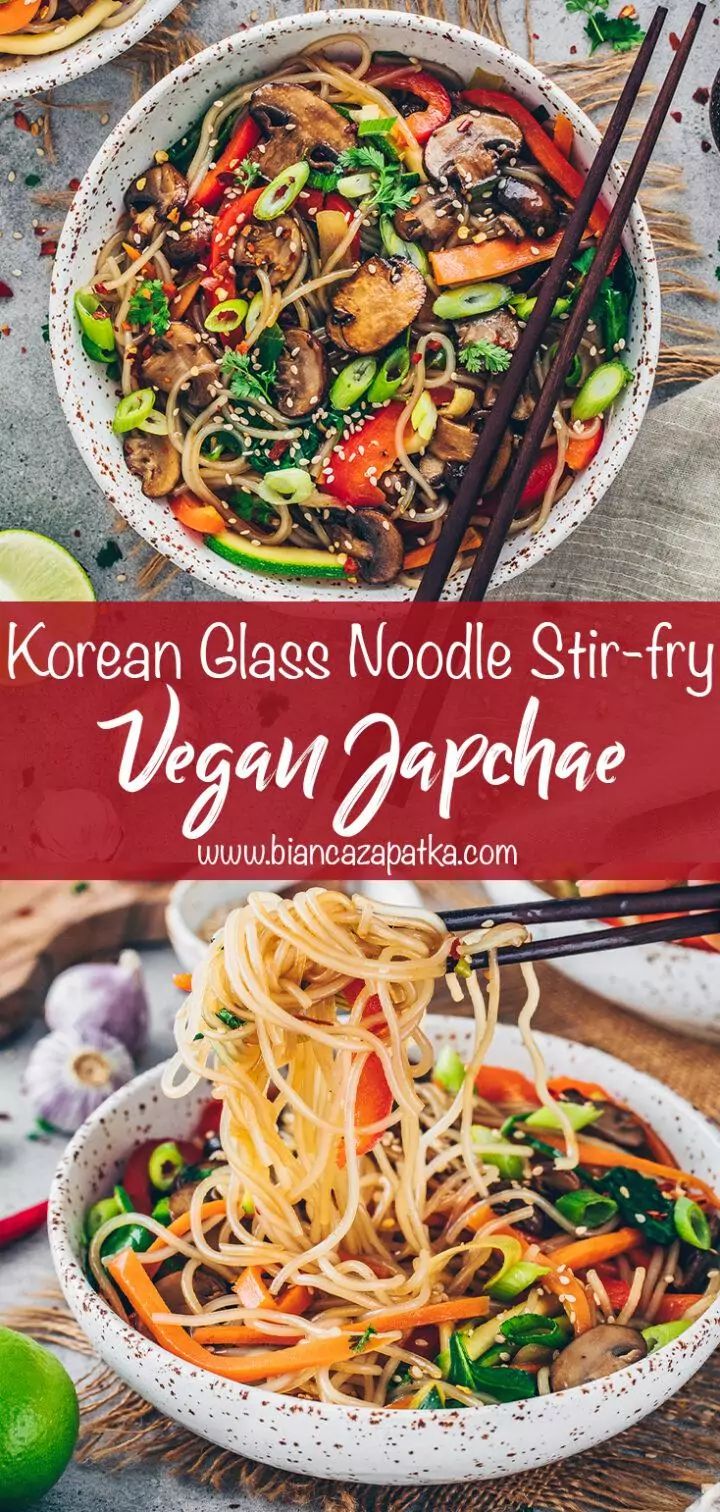 korean glass noodle stir - fry with vegetables and noodles