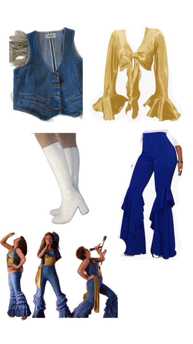 four different pictures of women in blue and gold outfits, one with white socks on