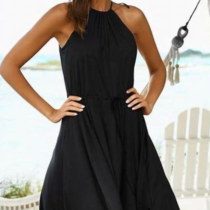 Nwt Pilyq Black Halter Dress. Polyester Material, Flowy. Can Be Worn As An Evening Dress Or A Cover-Up. It’s A Split Size Xs/S Black A-line Beach Dress, Fitted Black Sleeveless Beach Dress, Black A-line Maxi Dress For Beach, Black Sleeveless Midi Dress For Vacation, Black Knee-length Sundress Mini Dress, Black Sleeveless Midi Dress For Summer, Black Sleeveless Midi Summer Dress, Black Midi Sleeveless Summer Dress, Black Midi Length Sleeveless Summer Dress