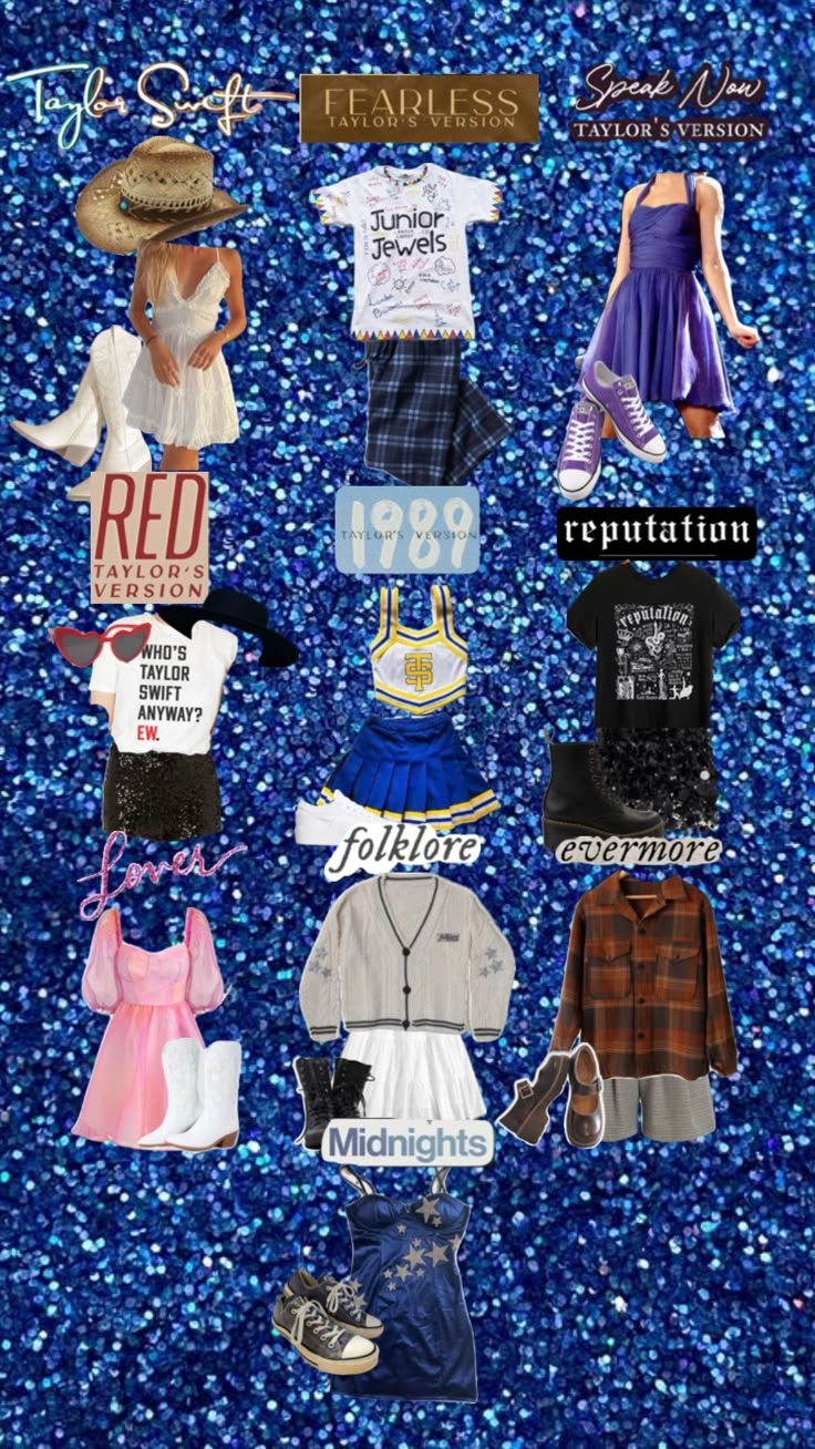 an image of some clothes and hats on a blue glittery background with words that say,