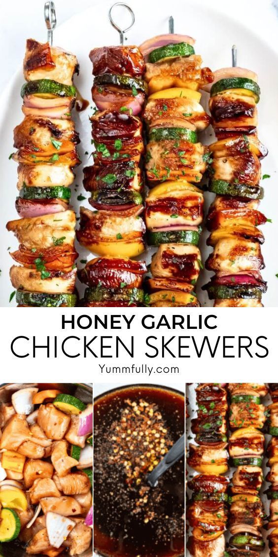 honey garlic chicken skewers on a white platter with the title above it