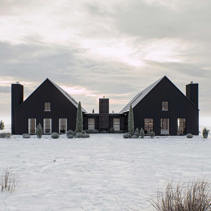 a large black house sitting on top of a snow covered field next to tall grass