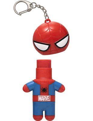 a spider - man key chain is attached to a red and blue plastic bottle opener