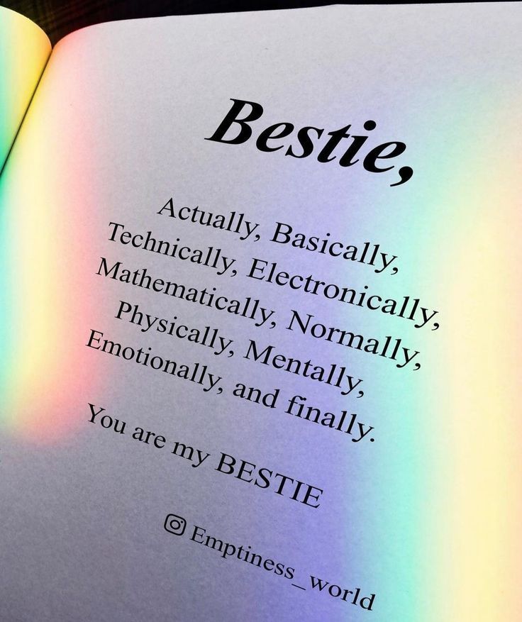 an open book with the words bestie written on it's cover and rainbow light coming from behind