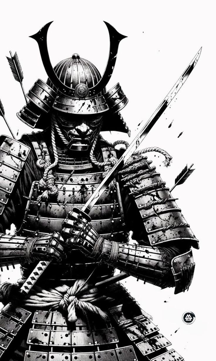 an ink drawing of a samurai holding two swords