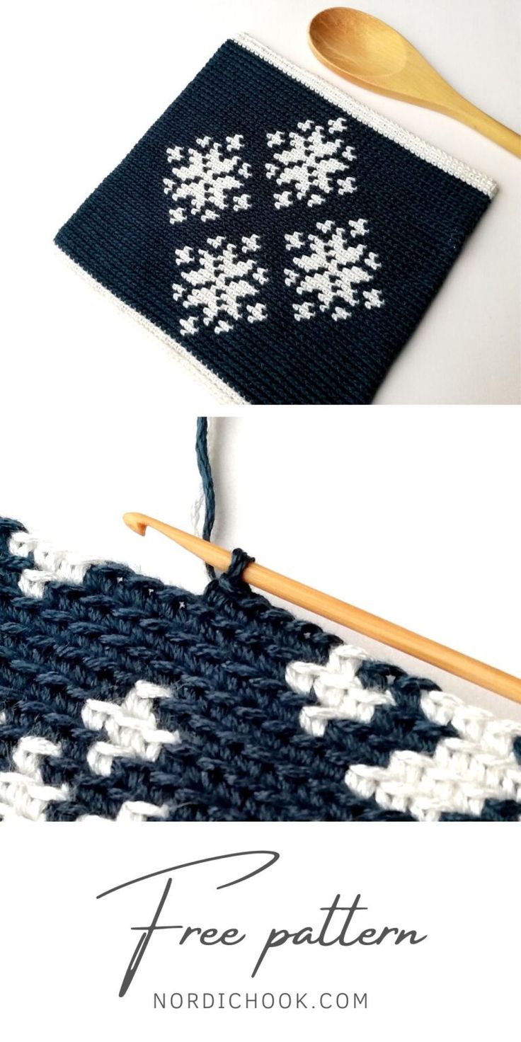 crochet snowflake pattern on the side of a knitted dishcloth