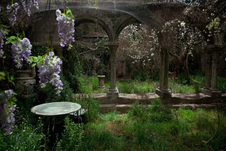 an old cemetery with purple flowers in the foreground and stone arches on either side