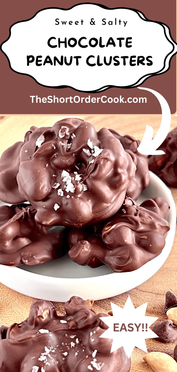 chocolate peanut clusters in a white bowl on top of a wooden table with text overlay