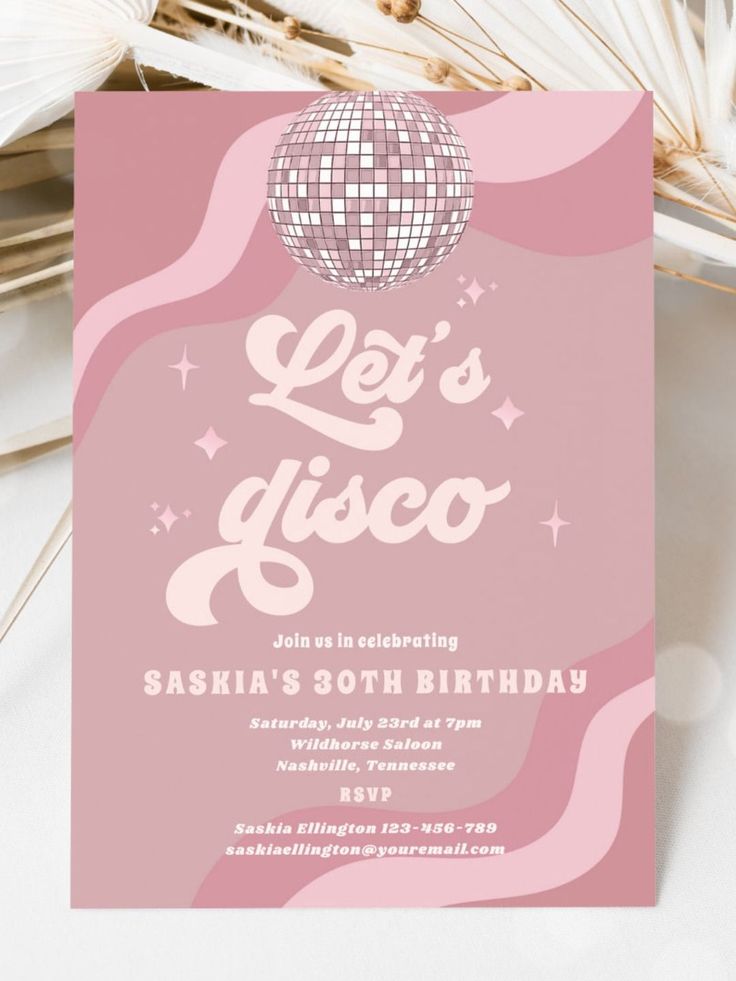 a pink party card with a disco ball on it and the words let's disco written