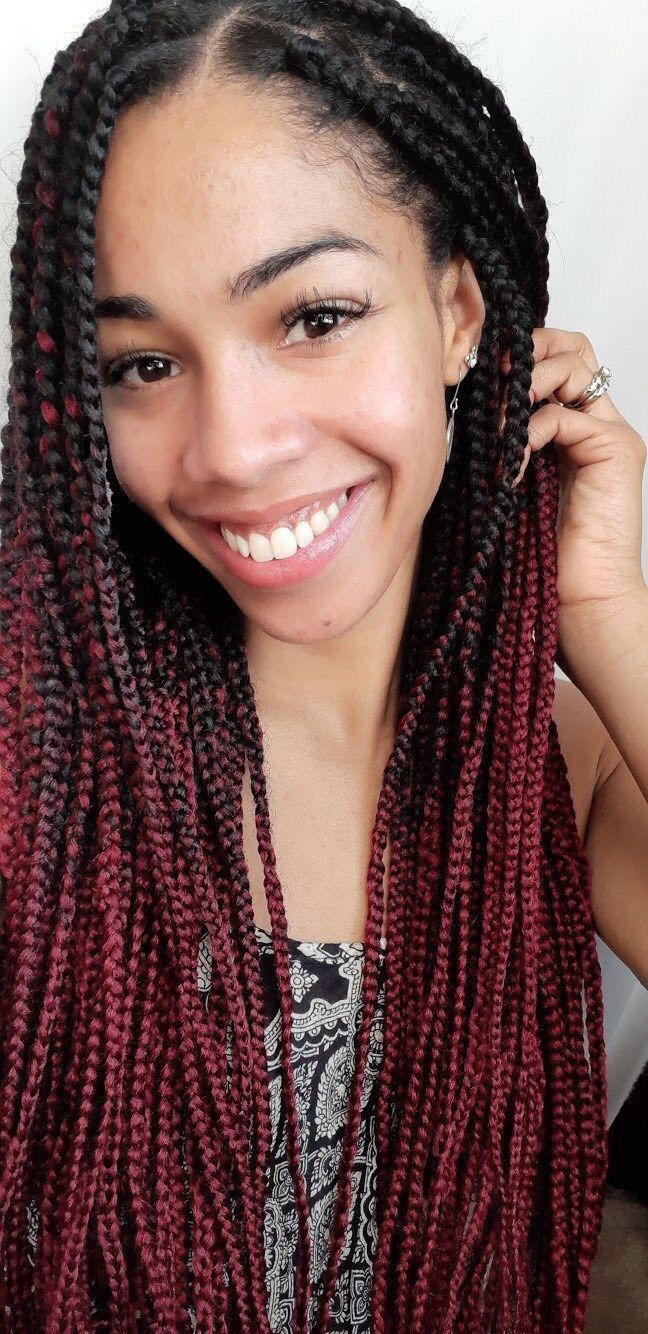 Smiling with Ombre burgundy/dark red color braids as a protective style Red Braiding Hair, Rubber Band Box Braids, Red Box Braids, Ombre Box Braids, Black To Red Ombre, Two French Braids, Colored Box Braids, Ombre Burgundy, Blonde Balayage Highlights