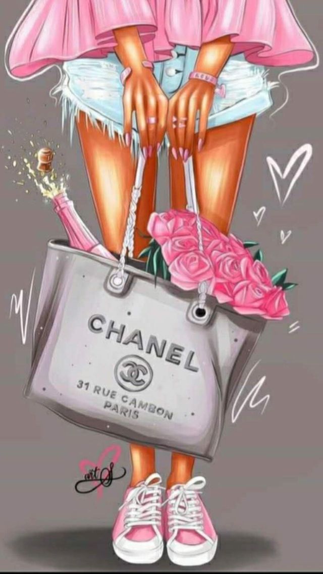 a drawing of a woman holding a chanel bag with flowers on the bottom and pink shoes