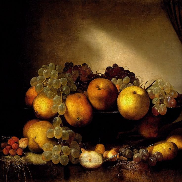 a painting of oranges and grapes in a bowl on a table with other fruit