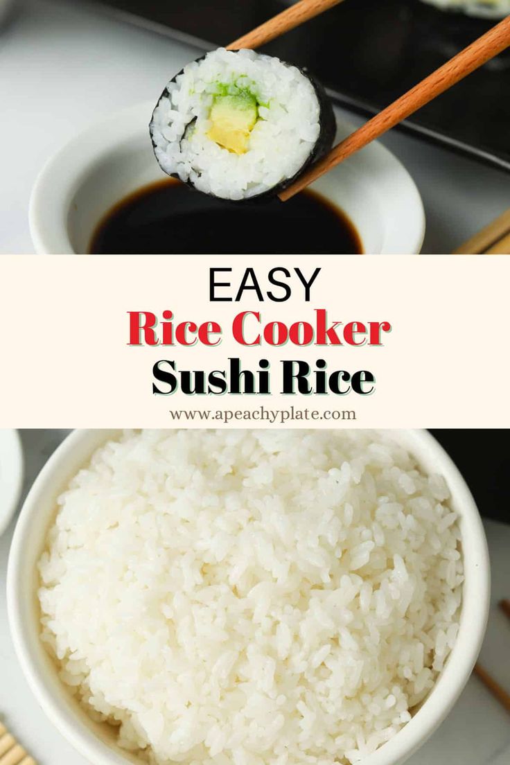 sushi rice in a bowl with chopsticks next to it and the words easy rice cooker