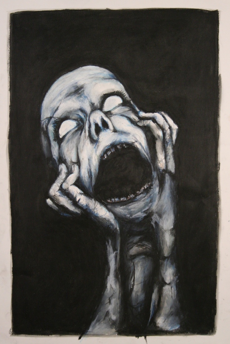 a painting of a creepy looking man with his hands on his face and mouth open